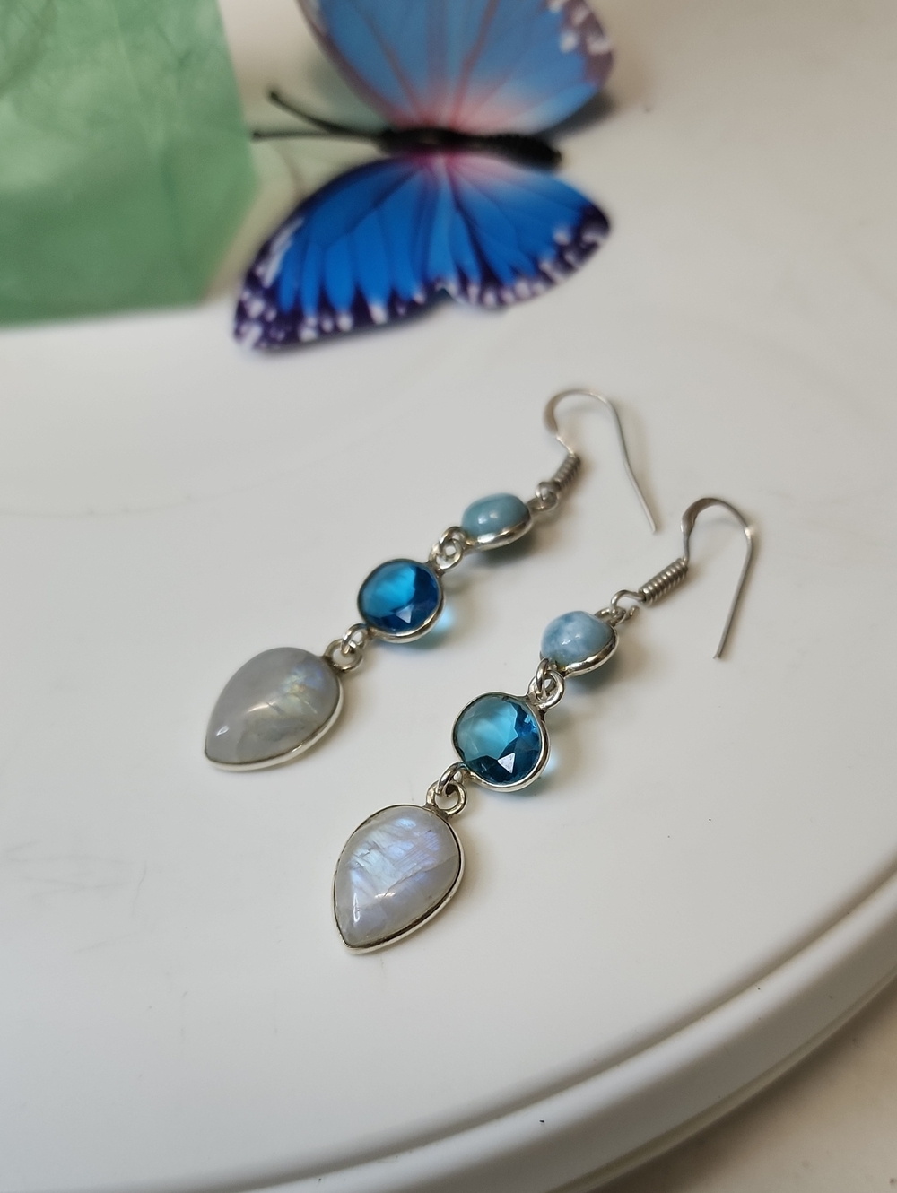 Blue Gemstone Drop Earrings - Blue Moonstone Design